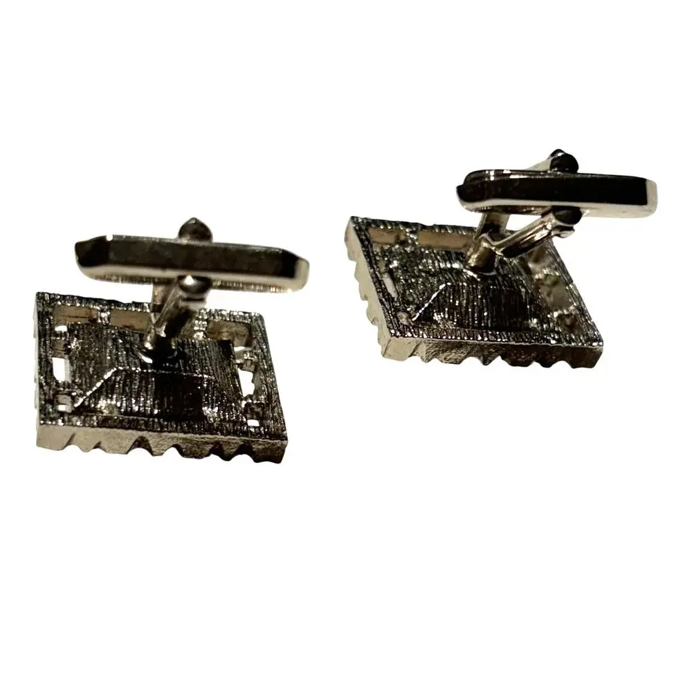 Vintage Mid Century Silver Cufflinks Textured Faceted aqua blue green centers